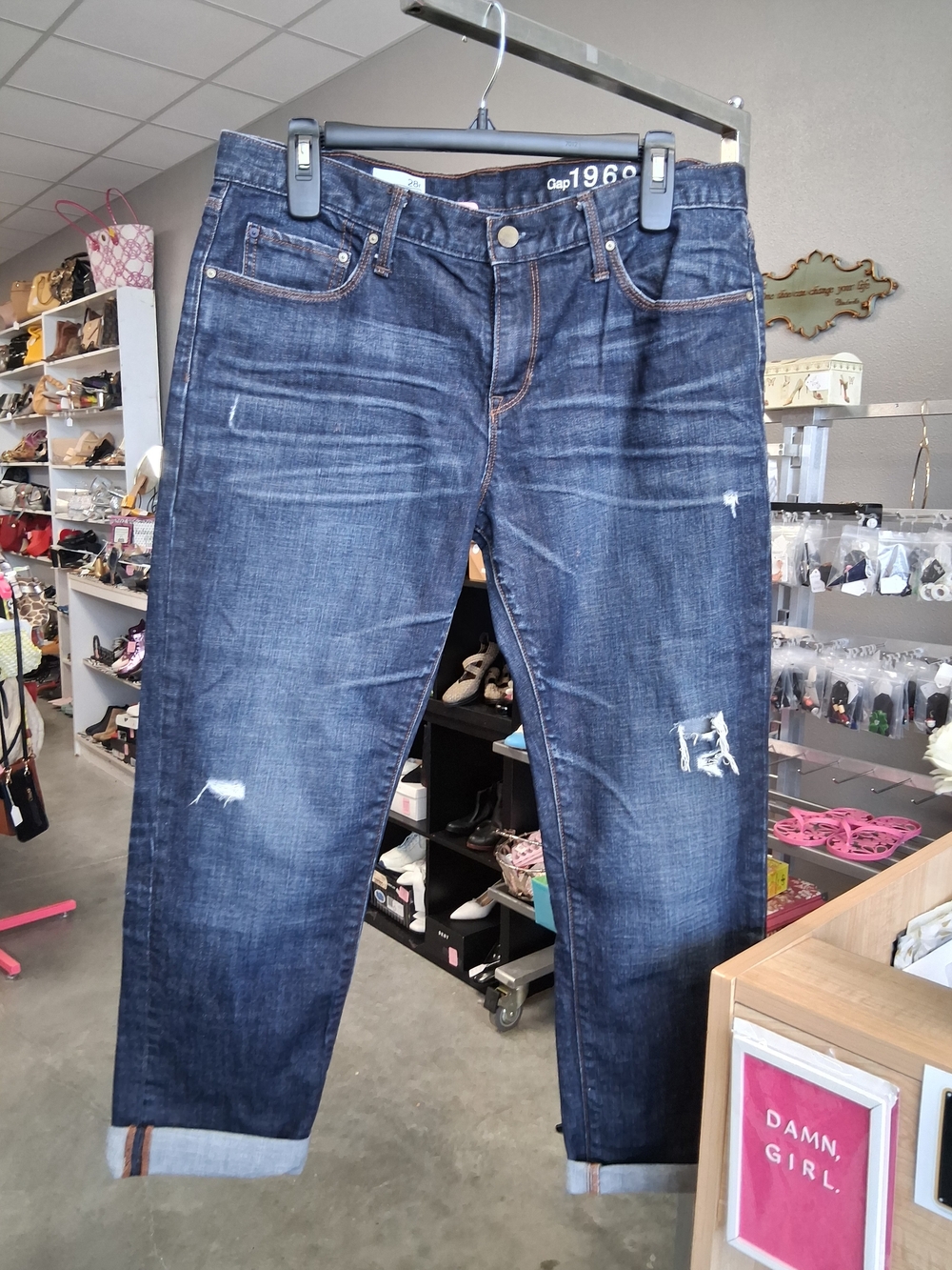 GAP Women's Straight Jeans in Dark Blue with Light Distressing